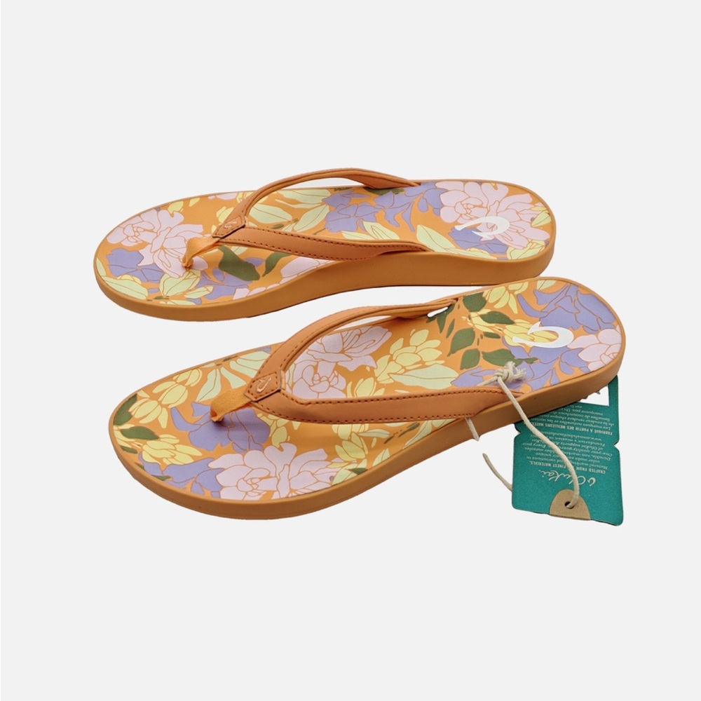 OluKai Puawe-W Cloud Orange/Floral FLIP FLOP Beach Sandals - Women’s Sz 7
